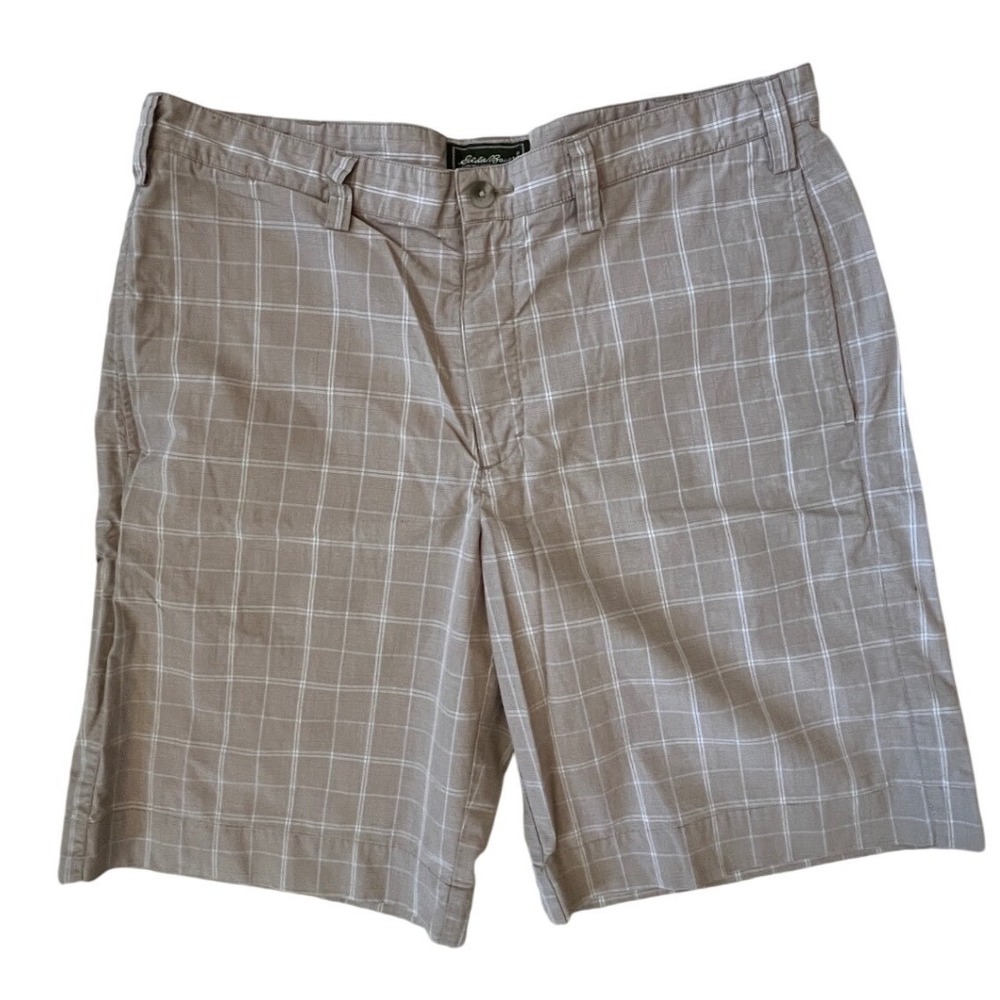 Eddie Bauer Mens 38 Tan White Plaid Cotton Flat Front Outdoor‎ Casual Shorts